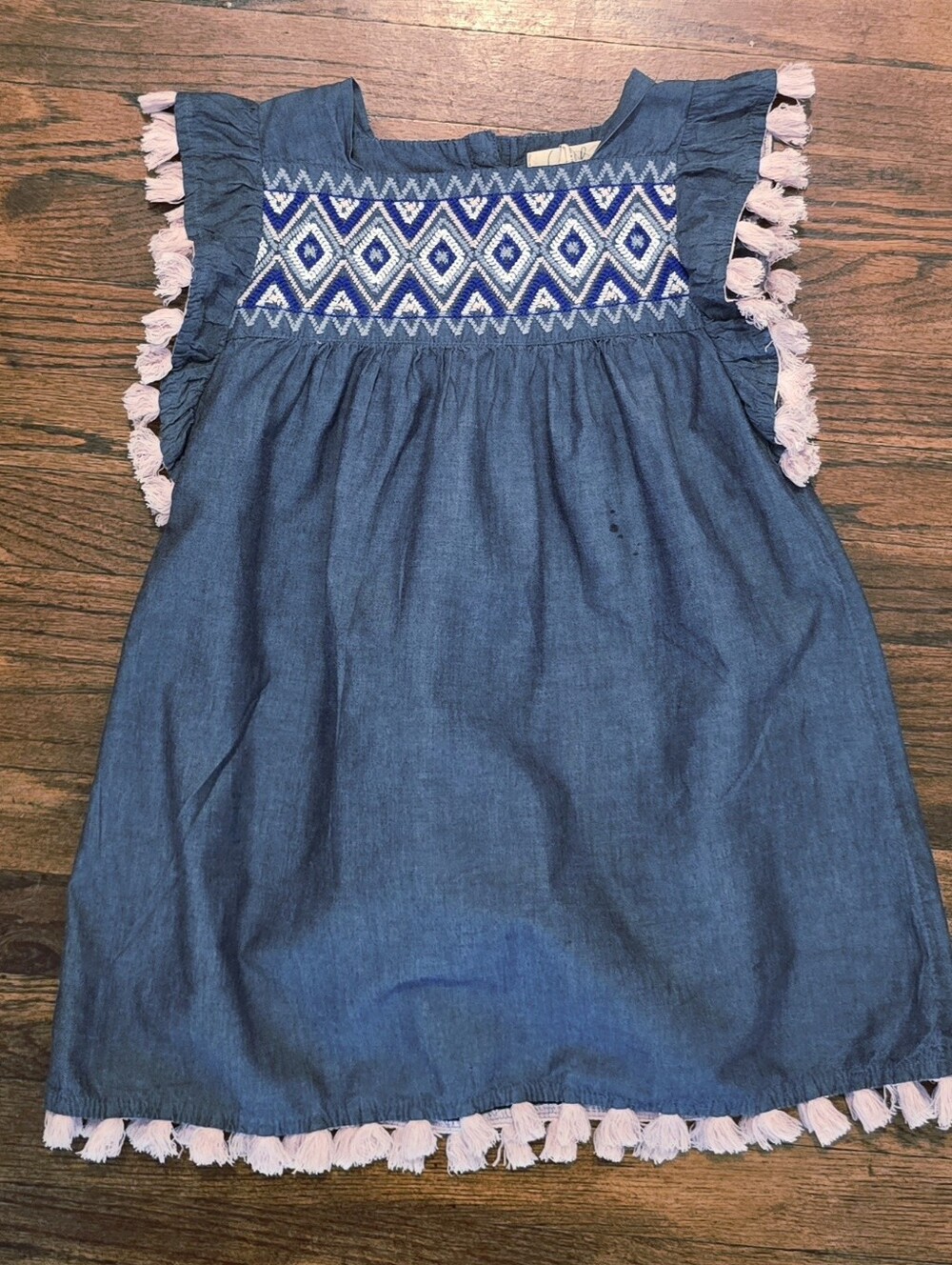 Sz 4-5 Chambray Tassel-Trim Dress with Embroidered Yoke